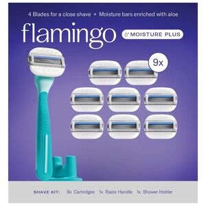 OPEN BOX‎ Flamingo Moisture Plus 4-Blades Razor Kit with 9 Cartridges and Holder